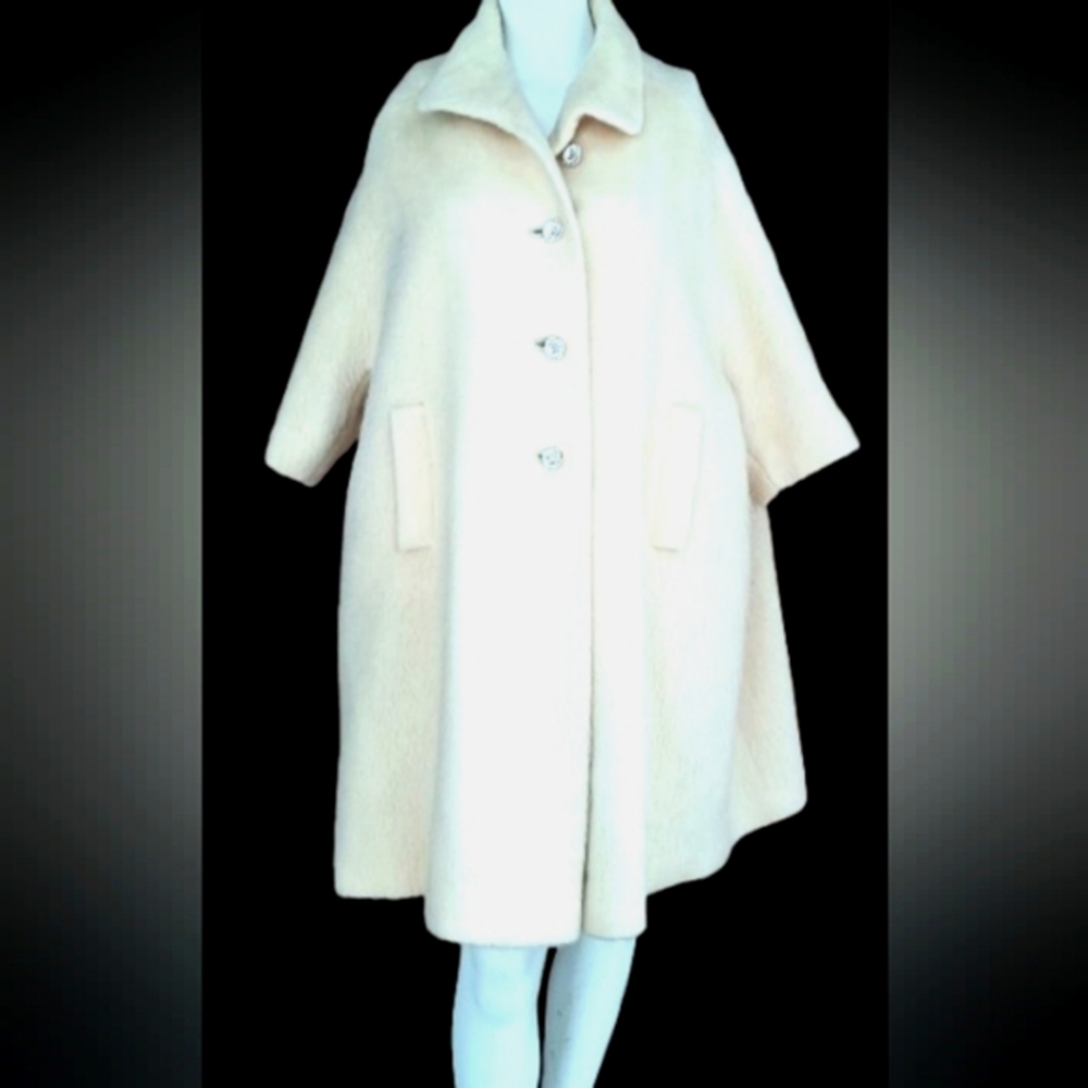 Vintage 60s Mohair Swing Coat Cream White Baskin Rhinestone Buttons Union Made